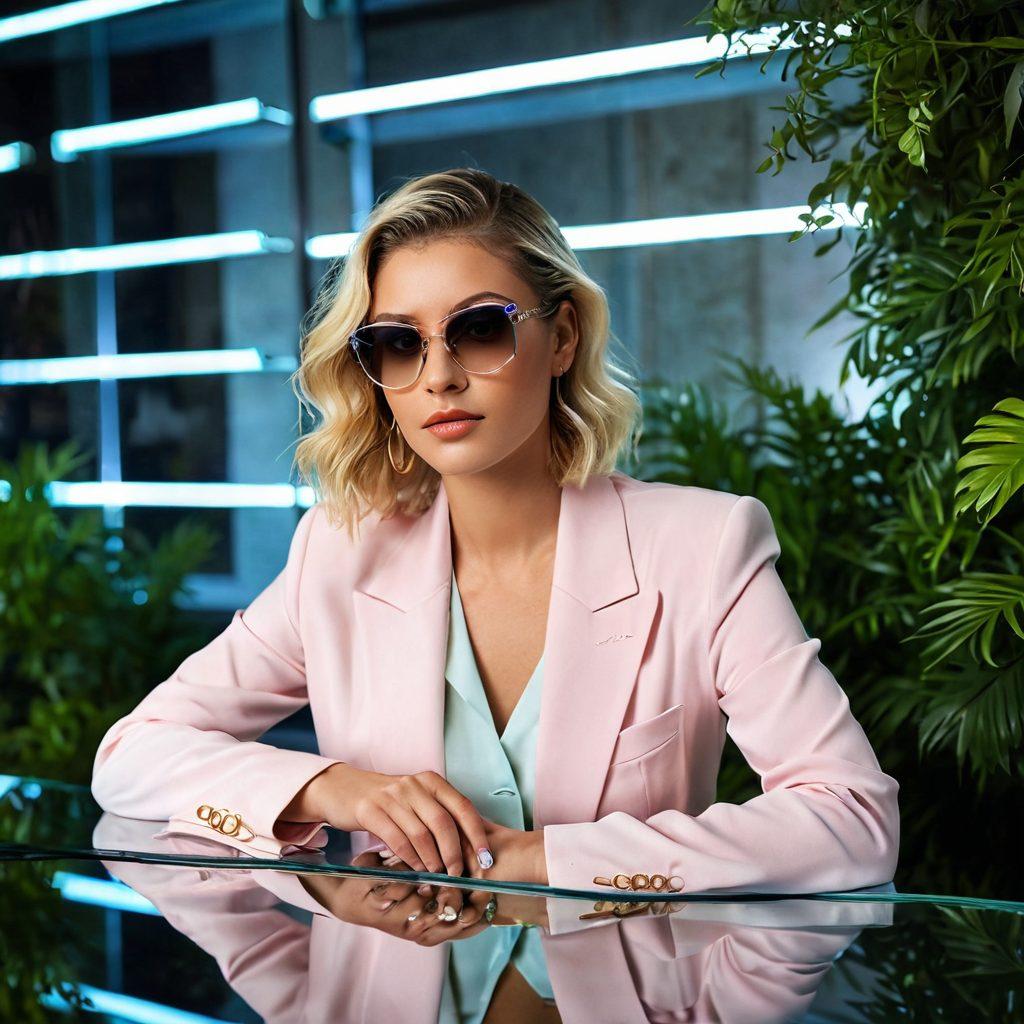 An elegant eyewear display featuring Cazal glasses on a sleek mirrored tabletop, surrounded by lush greenery and soft pastel lighting. A stylish model wearing Cazal sunglasses with an enticing urban backdrop, showcasing chic fashion trends. The overall atmosphere should evoke luxury and sophistication, inviting viewers to explore the allure of trendy eyewear. super-realistic. vibrant colors. soft lighting.