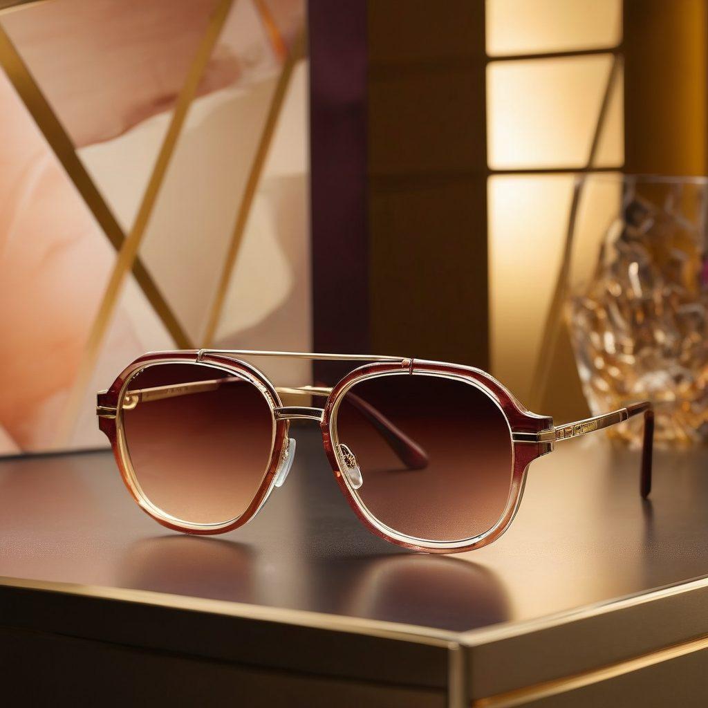 A stylish pair of Cazal eyewear displayed against a luxurious backdrop, featuring a blend of avant-garde geometric shapes and opulent textures like velvet and gold. The glasses should showcase a unique and bold design, reflecting luxury and creativity. Soft, dramatic lighting casts elegant shadows, enhancing the allure of the eyewear. Include artistic elements such as abstract art pieces in the background. super-realistic. vibrant colors. luxury aesthetics.