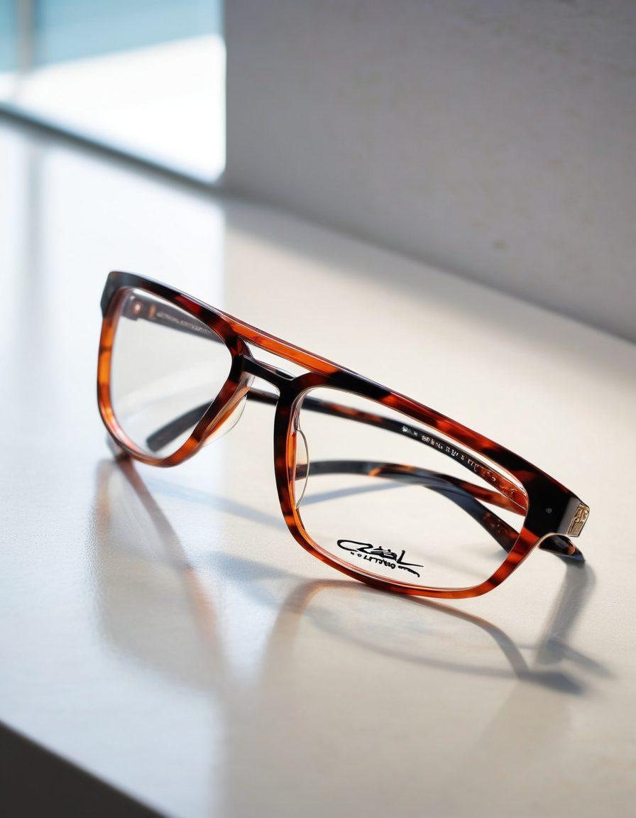 A stylish display of diverse trendy eyewear styles, prominently featuring Cazal glasses, arranged artistically on a sleek surface. Incorporate reflections and lighting to highlight the unique designs, showcasing both bold and subtle frames. Add a vibrant urban background with hints of fashion elements like sketches and fabric swatches. Capture a lively atmosphere of fashion and individuality. super-realistic. vibrant colors. white background.